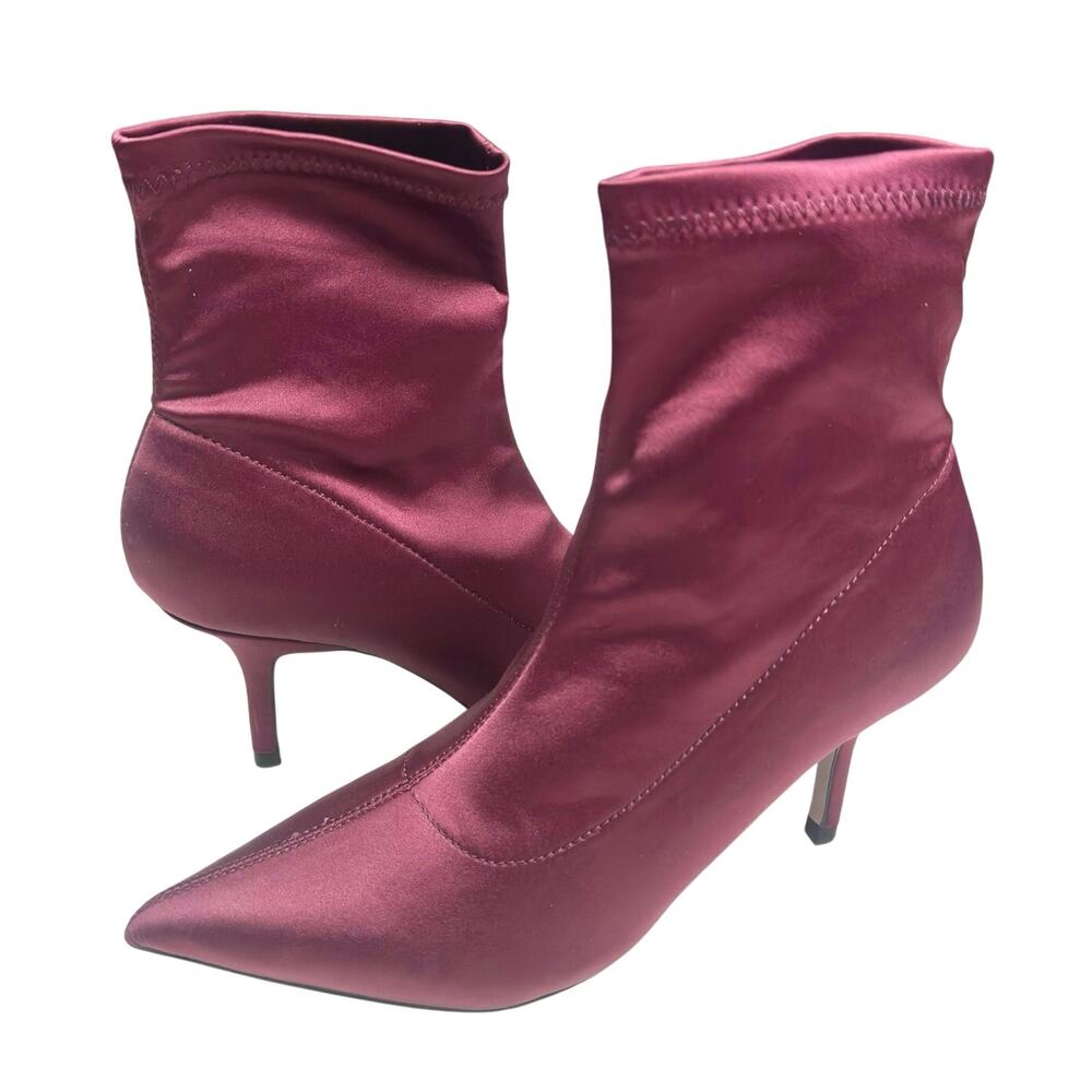 Zara | Women | Aubergine Satin Pointed Toe Heeled Slip On Ankle Boots | Sz 6.5